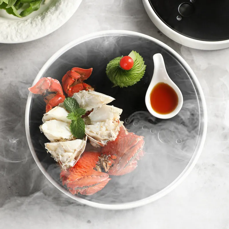 卸売マットセラミックドライアイスプレート穴付きブラックラウンド寿司サーモン魚刺身サービングトレイビュッフェレストラン食器
