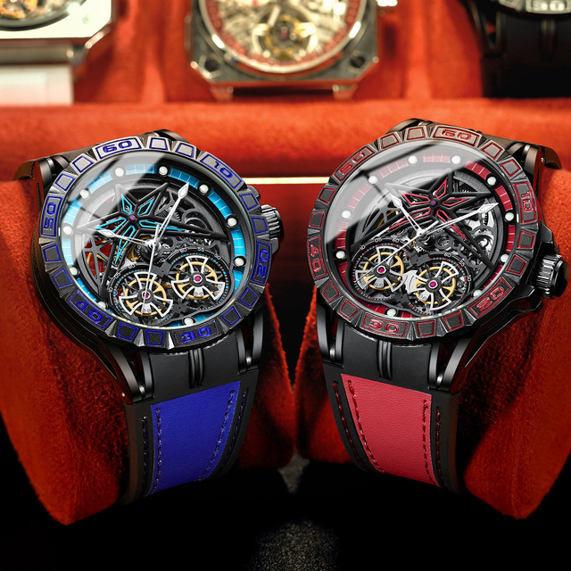 Custom Logo Men's Skeleton Double Tourbillon Full Automatic Mechanical Watch Big Dial Hollow Iced Uhren Fashionable Silicone