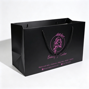 Borsa di Carta Personalizzabile di Lusso <span class=keywords><strong>per</strong></span> Shopping, Nera Opaca con Manico in Corda <span class=keywords><strong>per</strong></span> Saloni di Bellezza, Parrucchieri e Cosmetici - Product Image 1