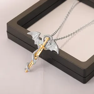 Personalized Flying Dragon Pendant with Chain Punk Titanium Steel Dragon Sword Wing Pendants Necklaces for Men