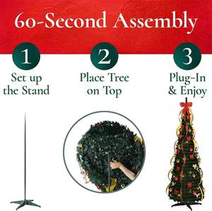 Pohon Natal Artifisial 5 Kaki, Sudah Dilengkapi Lampu, Mudah Dirakit, Model Pop Up dengan Ornamen Merah Emas dan Pita - Product Image 5