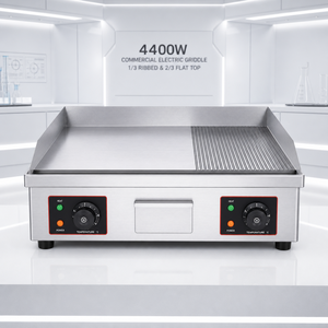 Durable 304 Stainless Steel Electric 1/3 Ribbed <b>Griddle</b> <b>Flat</b> <b>Top</b> with Oil Drawer Heavy Duty Countertop Grill for Commercial Use - Product Image 1