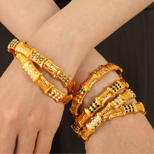 Bamboo Joint <b>Bracelet</b> Gold Tone <b>Crystal</b> Rhinestone Inlay Unisex Fashion Jewelry - Product Image 4