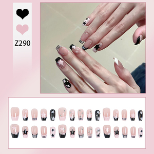 Uñas Postizas Francesas con Diseño de Estrella Blanca y <span class=keywords><strong>Negra</strong></span>, Estilo Y2K, Color Nude, con Pedrería, Cortas y Cuadradas, para <span class=keywords><strong>Manicura</strong></span> Diaria - Product Image 1
