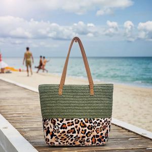 Sac de plage en paille pour voyage en plein air, grande capacité, sac fourre-tout léopard pour femme, sac en paille tressé décontracté - Product Image 3