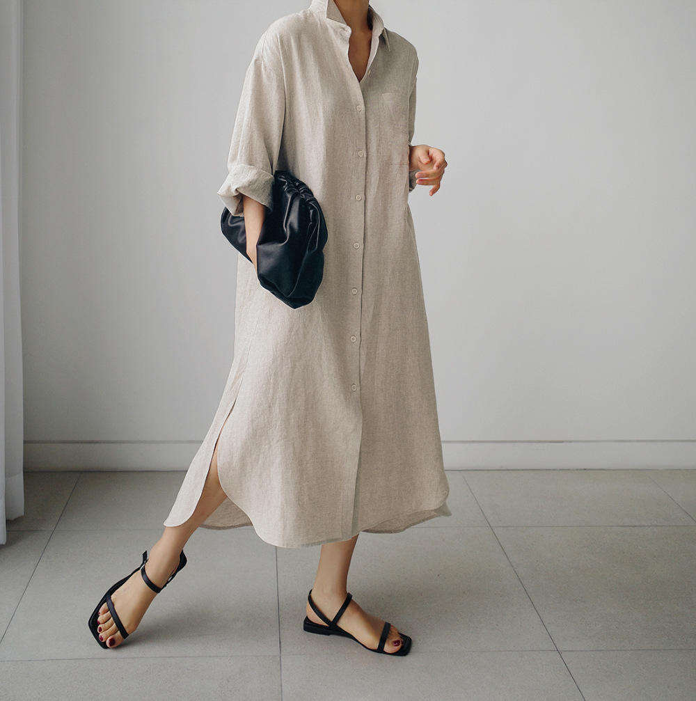 Long Sleeve Smart Linen Dresses Linen Shirt Dress Hot Selling
