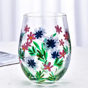 Hand Painted Wine Glass Colorful Flower Birthday Gifts Transparent Wine Drinking Glass Painted Egg Wine Glass