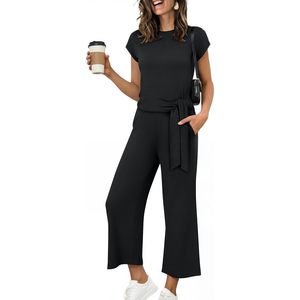 Women 2 Piece Outfits Cap Sleeve <b>Tie</b> Waist Top Wide Leg Pants <b>Set</b> Breathable Knitted Daily Wear Travel Airport Vacation <b>Sets</b> - Product Image 1