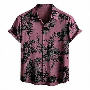 เสื้อเชิ้ตแขนสั้นพิมพ์ลายดอกไม้สีดำม่วงสำหรับผู้ชาย เสื้อเชิ้ตติดกระดุมลำลองสำหรับฤดูร้อน ชายหาด รีสอร์ท วันหยุด ขายส่ง - Product Image 1