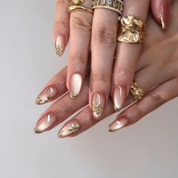 Ongles en acrylique à presser de luxe, style chinois, rose nude, œil de chat, fleur 3D dorée, forme amande française, longueur moyenne, vente en gros, personnalisables