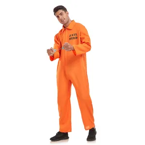 Halloween Adulto Jailbird Criminoso Cosplay Homens Prisioneiro Macacão Outfit Com algema Laranja Prisioneiro Traje