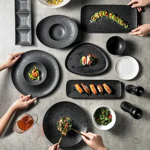 Chef Japan Rock Pratos Hotel Restaurant Japanese Black Ceramic Dinner Plate Dishes Set Crockery Assiette Porcelain Sushi Plate