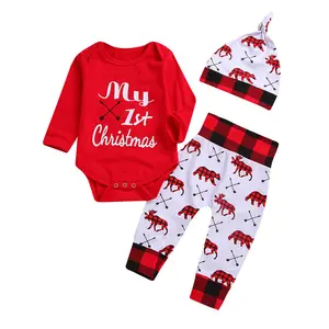 2023 meninos meninas bebê macacão 3pcs um conjunto de manga longa Natal roupas calças chapéus crianças outfit algodão impresso infantil terno união