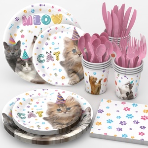 Ensemble <span class=keywords><strong>de</strong></span> vaisselle moderne pour fête d'anniversaire sur le thème du chat, <span class=keywords><strong>assiettes</strong></span> et serviettes <span class=keywords><strong>jetables</strong></span> écologiques avec accessoires sur le thème du chat - Product Image 5
