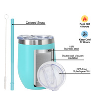Gobelets à vin 12oz en acier inoxydable sans pied, à double paroi isolée sous vide, avec couvercles et pailles