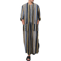 Turbans en lin pour hommes, Kaftan de Dubaï, Coton imprimé rayé, Vintage, Manches longues, Coupe ample, Vêtements ethniques décontractés, Musulman, Islamique