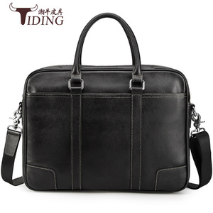 Tiding Men's Genuine Leather <b>Briefcase</b> 14 Inch Laptop Bag Business Travel Shoulder Bag Solid Color Zipper Closure - Product Image 1