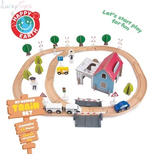 Happy Earth - Ensemble de <span class=keywords><strong>rails</strong></span> de train en bois pour tout-petits, jouets éducatifs de construction, voitures de slot, course d'aventure, apprentissage précoce créatif, 65 pièces - Product Image 3