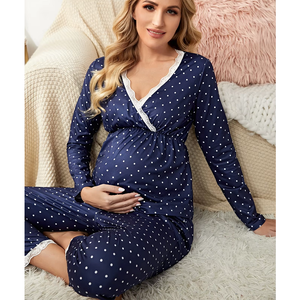 Vêtements de maternité, pyjama d'allaitement à manches longues, pyjama de maternité en coton à pois avec bordure en dentelle et col superposé - Product Image 3