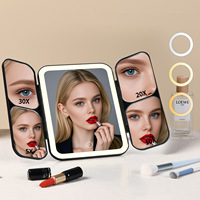 High-definition Foldable Magnifying Mirror 30X Magnification Three-color LED Light Stand Plastic Frame Desktop Makeup Mirror