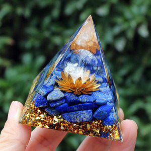 <b>Crystal</b> <b>Chip</b> Pyramid Resin Epoxy Craft Desktop Ornament With Lotus Lapis Lazuli Feng Shui Design For Living Room - Product Image 3