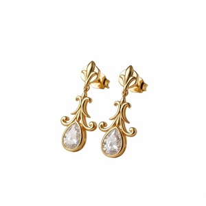 Boucles d'oreilles pendantes Fleur de Lys vintage en or 14 carats avec diamant poire de laboratoire, serties clos, de luxe, pour femme - Product Image 4