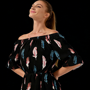 Vestido Midi Elegante con Estampado de Plumas y Mangas Abullonadas, Estilo Casual/Oficina para Mujer, Todas las Tallas, Personalizable 2026 - Product Image 1