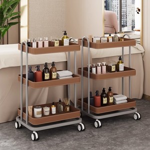 Carrito de Servicio Rodante de 3 Niveles Z, Metal y Cuero Sintético, Bloques Multicolor para Salón y Hogar - Product Image 1