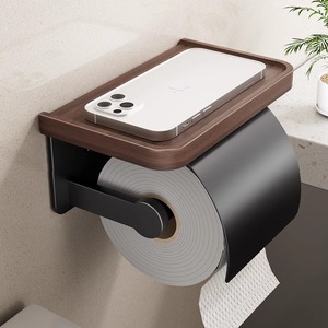 Shu Zheng Walnut Wood Toilet <b>Paper</b> Holder Wall Mounted Black Modern Rectangular Bathroom Shelf Sink <b>Tissue</b> Holder - Product Image 1