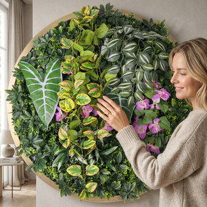 Vente en gros usine : Panneau mural végétal artificiel rond de 80 cm, feuillage coloré, cadre en herbe pour aménagement paysager commercial et décoration murale de <span class=keywords><strong>magasin</strong></span> - Product Image 3