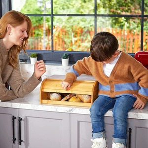 Boîte à pain en bambou avec couvercle, rangement pour produits de boulangerie, style moderne et minimaliste, taille carrée - Product Image 5