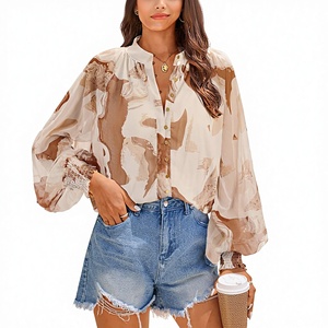 Chemisier à imprimé floral pour femme 2026, manches longues, boutonné, décontracté, automne, style bohème, coupe oversize, en polyester - Product Image 1