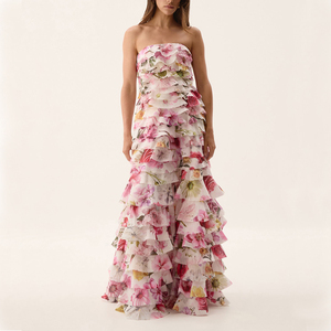 Personnalisé Sans Bretelles Fermeture Éclair Arrière <span class=keywords><strong>Horizontale</strong></span> Gaze Volants Tout au long Confortable Élégant Chic Armure Maxi Robe Décontractée - Product Image 1