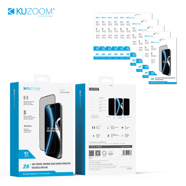KUZOOM 10 1 Pack Anti-spy 9H Hardness Waterproof Screen Protector Upgraded Dust-proof Design High-aluminum Tempered Mobile Phone