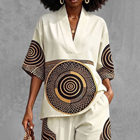 Ensemble décontracté 2 pièces - Blouse à col en V et manches courtes, pantalon ample taille haute à jambes larges avec poches, couleur contrastante, taille élastique