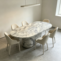 Table à manger de luxe en marbre Calacatta Viola italien, meubles en pierre modernes, table de forme elliptique, table à manger haute en bois, ensemble de 6 chaises
