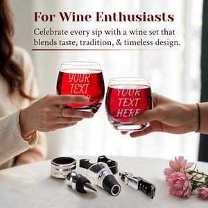Set de Regalo Corporativo con Logotipo Personalizado, <span class=keywords><strong>Copas</strong></span> de Vino Tinto sin Tallo <span class=keywords><strong>Grabadas</strong></span>, Abridor y Tapón de Vino de Madera, Elegante Caja de Regalo - Product Image 5