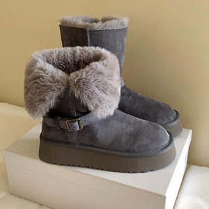 Sepatu Bot Salju Wanita Kulit Asli YL Sol Tebal, Model Dua Pakai, Musim Gugur Musim Dingin, Berbahan Beludru Hangat Berbulu, Bernapas, dengan Gesper Tali Sepatu Model Mid-Barrel - Product Image 2