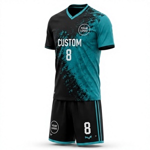 ชุดฟุตบอลแบบกำหนดเอง สีดำ-เขียวอมฟ้า พิมพ์ลายแบบ Sublimation คอวี แขนสั้น ระบายเหงื่อได้ดี สำหรับผู้ใหญ่ ชุดแข่งฟุตบอลชาย - Product Image 3