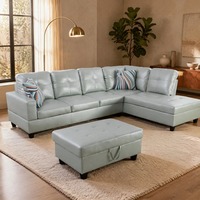 Canapé d'angle capitonné en similicuir gris argenté avec ottoman de rangement pour salon, vente en gros, directement de l'usine