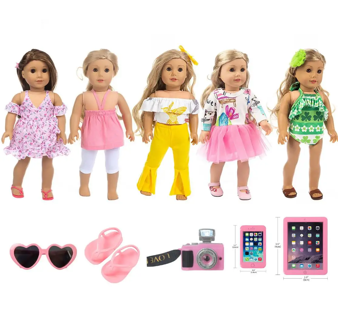 गुड़िया कपड़े और सामान के लिए 18 इंच लड़की गुड़िया शामिल पोशाक हैंडबैग हेडबैंड टोपी और Rompers