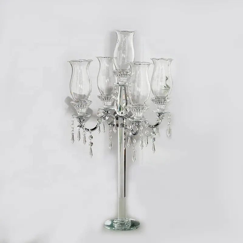 Großhandel Hohe Glas Kerze Halter Kristall Glas Leuchter 5 arm Kristall Leuchter Für Hochzeit Tisch Mittelstücke