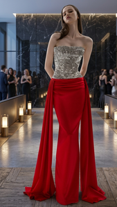 Robe ethnique en tissu satiné rouge avec broderie, séchage rapide, pour les occasions spéciales des femmes - Product Image 3