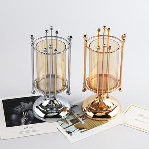 Geometric Gold Pillar Metal <strong>Candle</strong> Stand Decorative <strong>Candle</strong> <strong>Lantern</strong> with Removable Glass Cover - Product Image 2