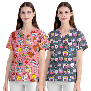 T-shirt d'uniforme d'infirmière imprimé dessin animé, <span class=keywords><strong>blouse</strong></span> chirurgicale, uniforme de soignant, col en V, manches courtes, en pur coton tissu Dobby - Product Image 1