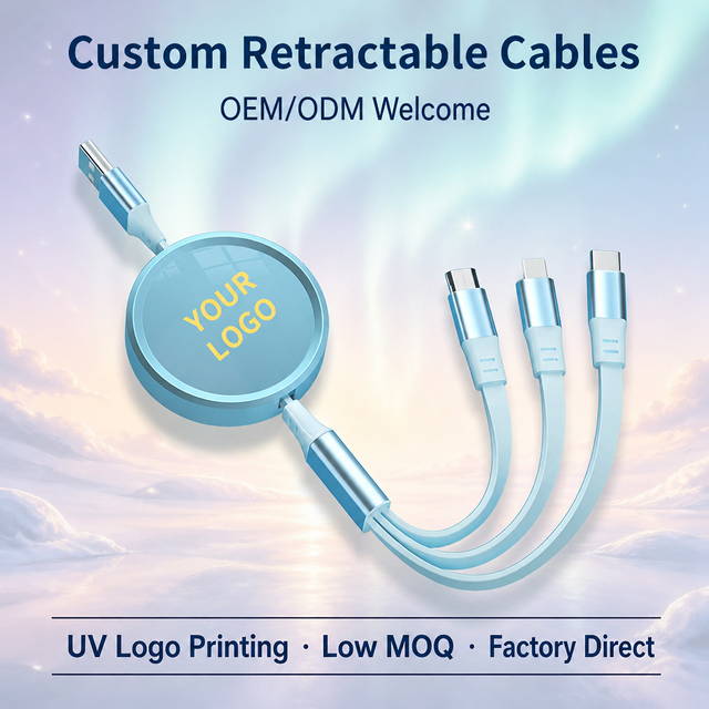 3 1 Retractable USB Cable Custom Logo Fast Charging Multi Charger for IOS Android Type-C Universal Mobile Cable Modern ABS