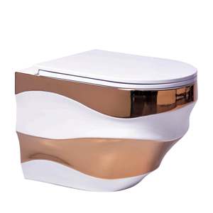 Vente en gros de nouvelle salle de bain dorée sans monture suspendue en forme de vague <span class=keywords><strong>wc</strong></span> en céramique plaqué or toilette suspendue au mur - Product Image 6