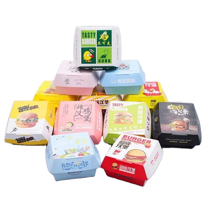 Benutzer definierter Druck Lebensmittel qualität Papier Burger Box Einweg Hamburger Verpackungs box