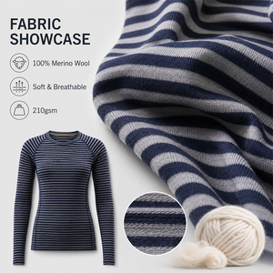 <b>Wool</b> Striped Women's Outdoor Long Sleeve T-Shirt Crew Neck Sports <b>Base</b> <b>Layer</b> Custom Logo Premium Soft Warm Breathable Hiking Tee - Product Image 2