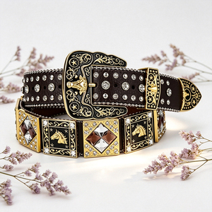 Ceinture unisexe en cuir style western avec strass, large, boucle en alliage gravée tête de cheval dorée, pour jeans, fêtes et spectacles - Product Image 3